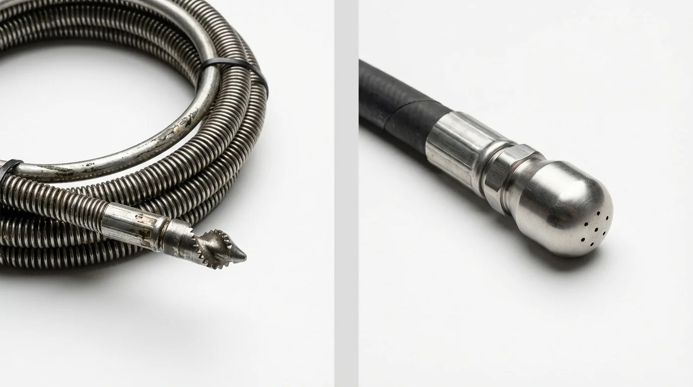Drain snake cable and hydro jetting nozzle used for drain cleaning in Petersburg, WV