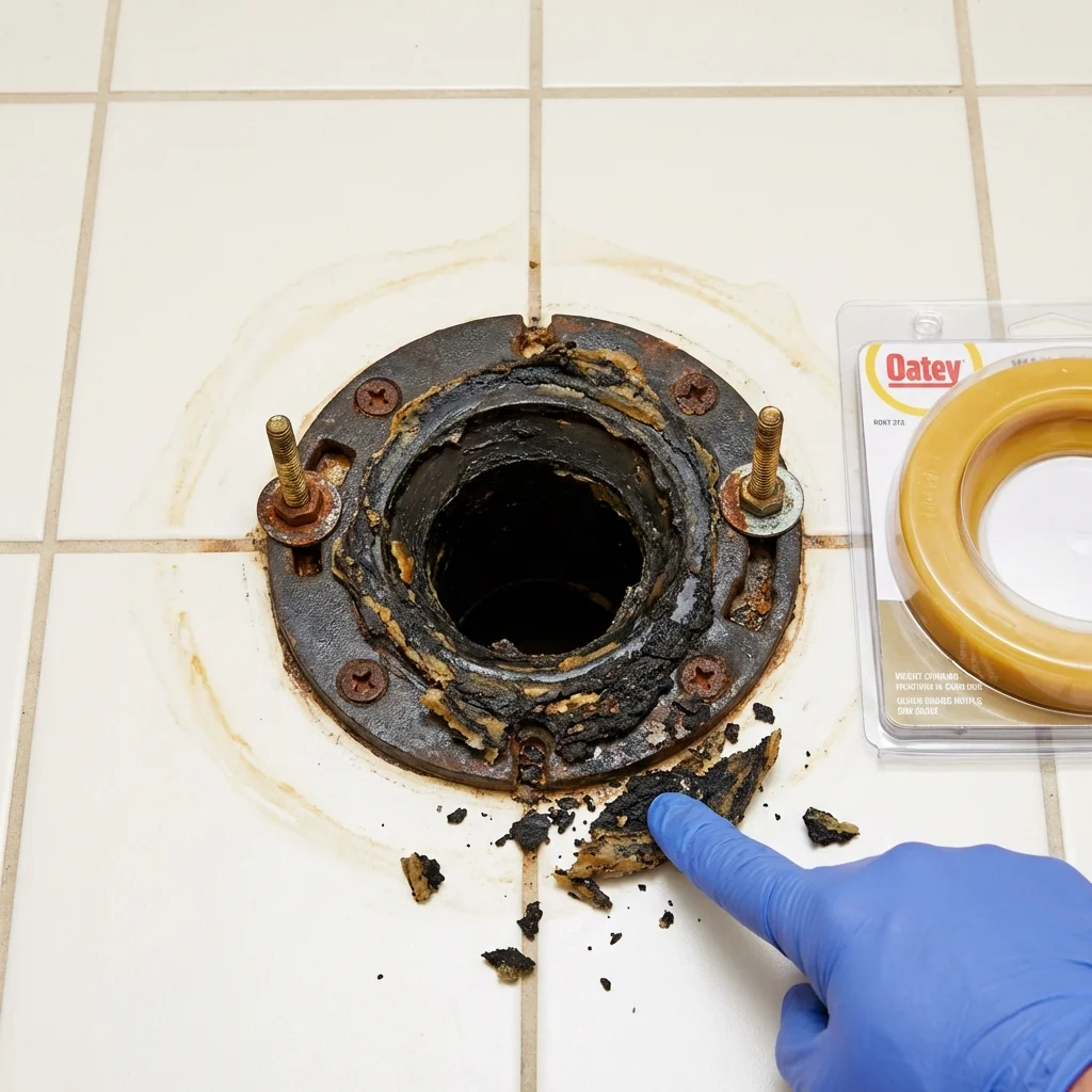 Failed wax ring showing water seepage at the base of a toilet in a Petersburg, WV home
