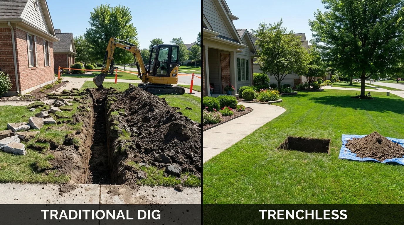 Trenchless sewer repair with minimal yard damage versus traditional excavation in Petersburg, WV