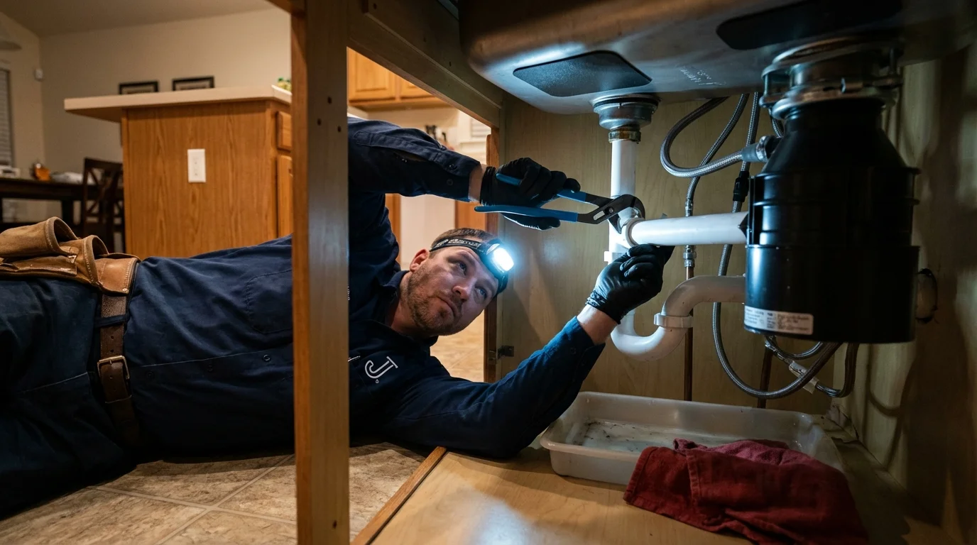 P-trap and supply line connections under a kitchen sink showing a common leak point in Petersburg, WV